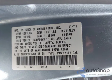 2011 Honda Accord 2.4 Lx z USA, uszkodzony, nr VIN 1HGCP2F32BA146128